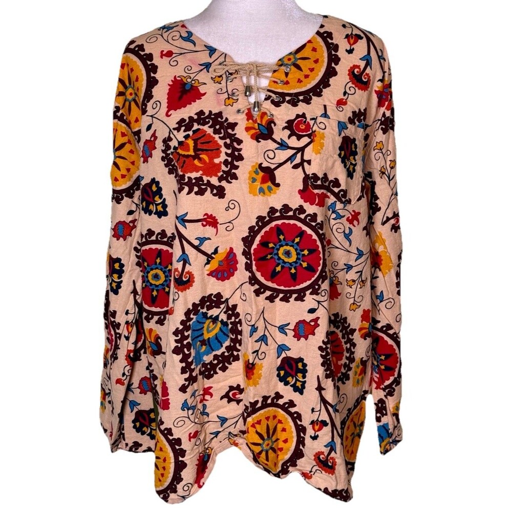 Women Boho Floral Medallion Print Lace Up Long Sleeve Hippie Tunic Top XXL NEW